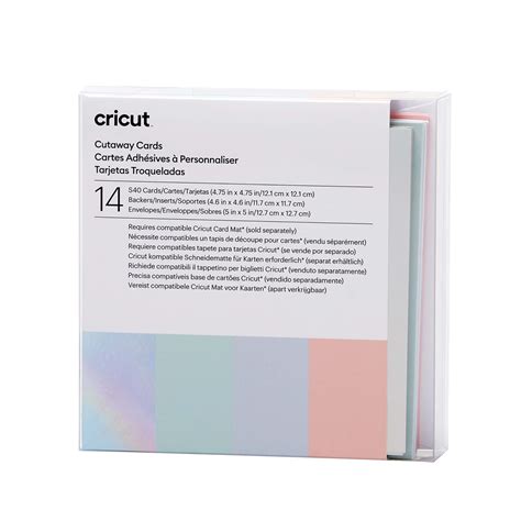 2009484 - Cricut Cut-Away Cards Pastel S40 (12;1 Cm X 12;1 Cm) 14-Pack; 14 S40 cards with adhesive (5 Tulip, 5 Powder Blue, 4 Whispering Blue); 14 Silver Matte Holographic backers; 14 White envelopes; Dimensions: Cards 4.75 in x 4.75 in (12.1 cm x 12.1 cm), Backers 4.6 in x 4.6 in (11.7 cm x 11.7 cm), Envelopes 5 in x 5 in (12.7 cm x 12.7 cm); Create stunning custom cards in minutes; Easy to cut with specialized Cricut Card Mat (sold separately); For Cricut Explore® and Cricut Maker® machines
